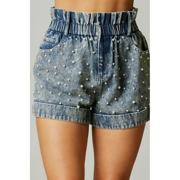 Pearly Girly Era Pearl Paperbag Shorts in Denim - Picture 1 of 7